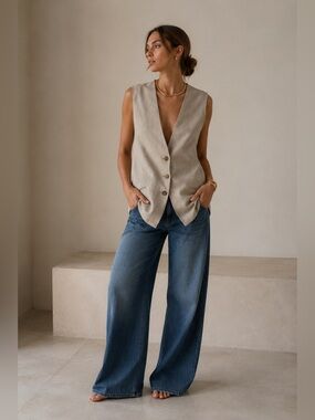Vintage Linen Blend Longline Vest Waistcoat UK 16 Neutral Tailored Vest